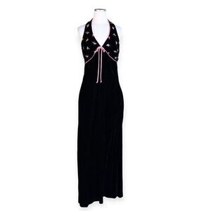 1970s Black Velvet Maxi Halter Dress with Pink Floral Embroidery
